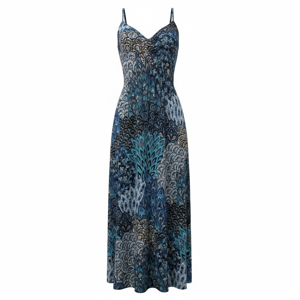 Moa Moa Womens L Blue Paisley Maxi Dress Boho Braided Strap Empire Waist